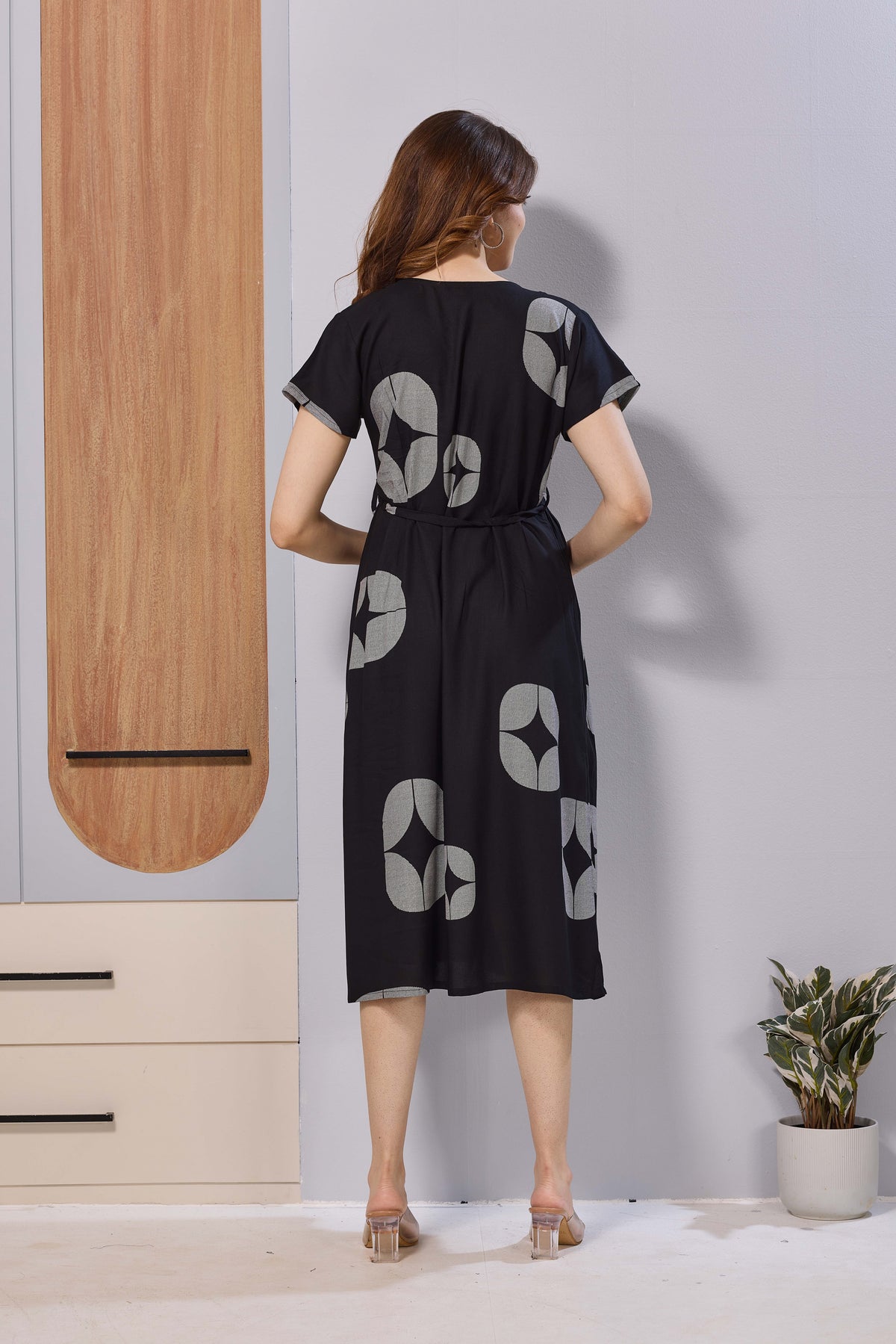 Black Printed Rayon Maternity Maxi Dress with Feeding Zipper | Adjustable Tie-Up | Soft Breathable Pregnancy & Nursing Wear (FIO-M)