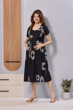 Black Printed Rayon Maternity Maxi Dress with Feeding Zipper | Adjustable Tie-Up | Soft Breathable Pregnancy & Nursing Wear (FIO-M)