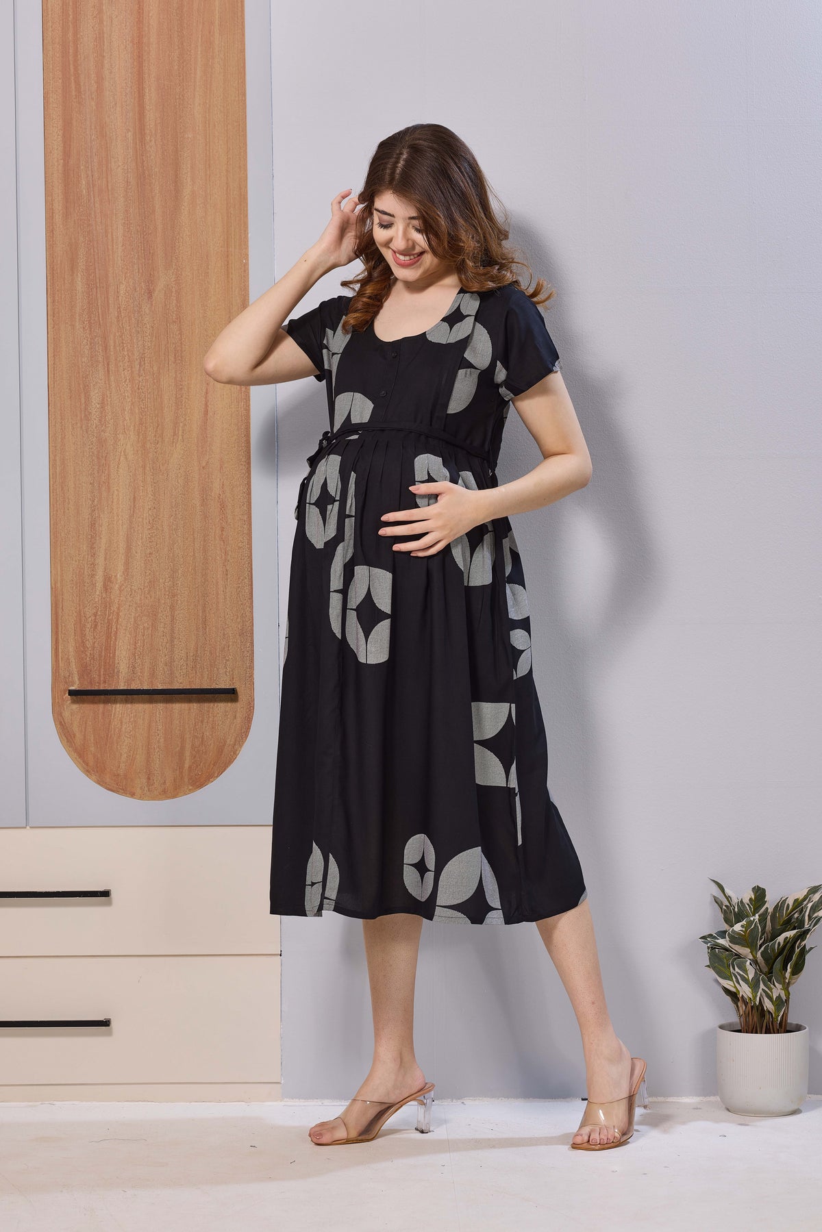 Black Printed Rayon Maternity Maxi Dress with Feeding Zipper | Adjustable Tie-Up | Soft Breathable Pregnancy & Nursing Wear (FIO-M)