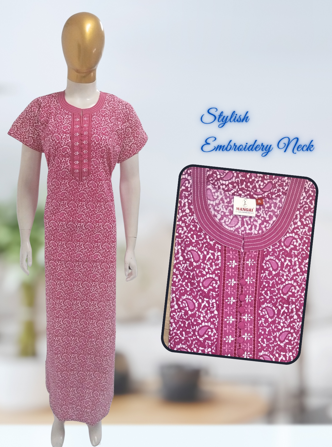 MANGAI New Collection Premium Cotton Embroidery Printed Nighties- All Over Printed Stylish Nightwear for Stylish Women | Trendy Embroidery Neck | Pleated Model (HMS)