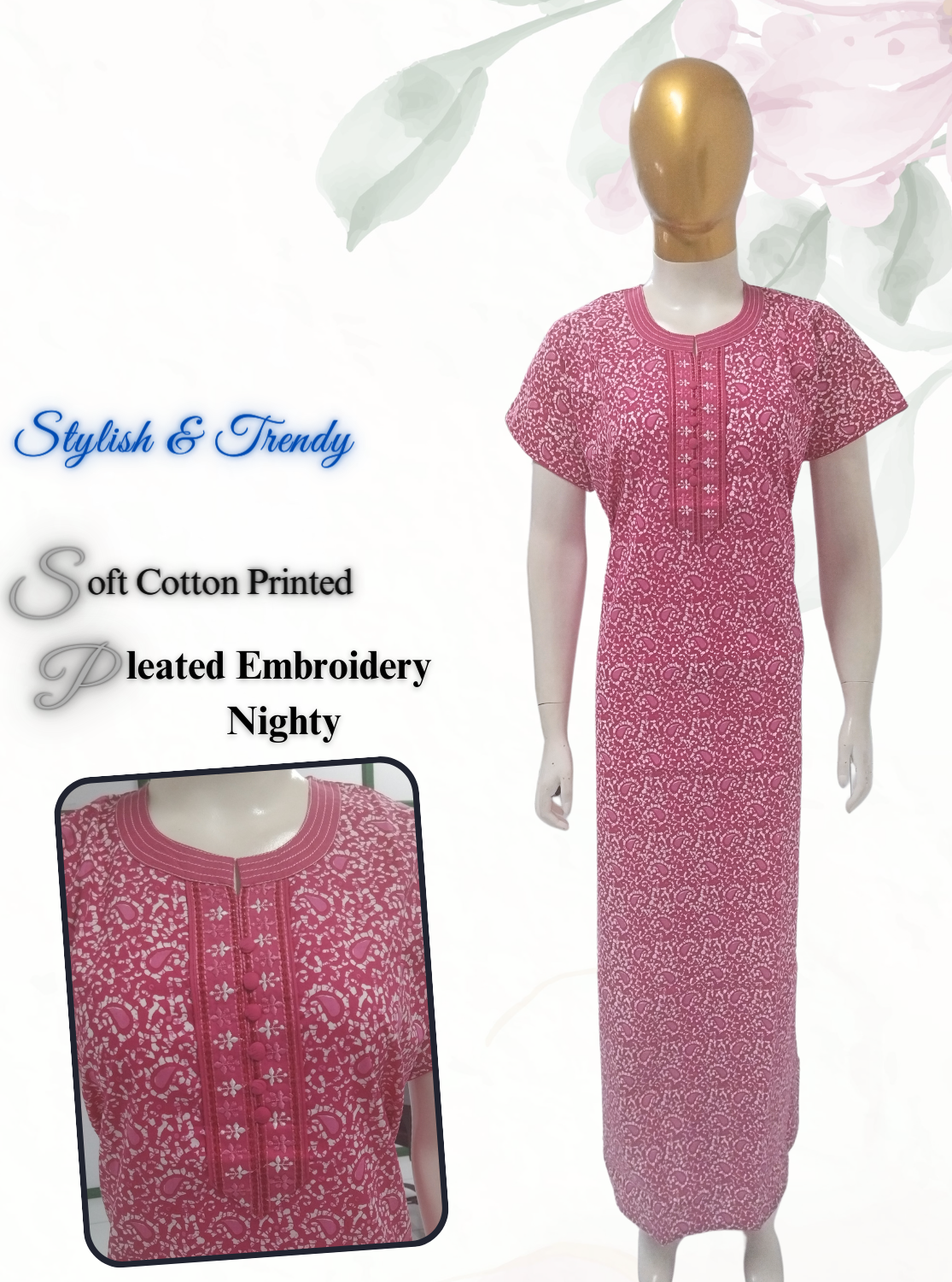 MANGAI New Collection Premium Cotton Embroidery Printed Nighties- All Over Printed Stylish Nightwear for Stylish Women | Trendy Embroidery Neck | Pleated Model (HMS)