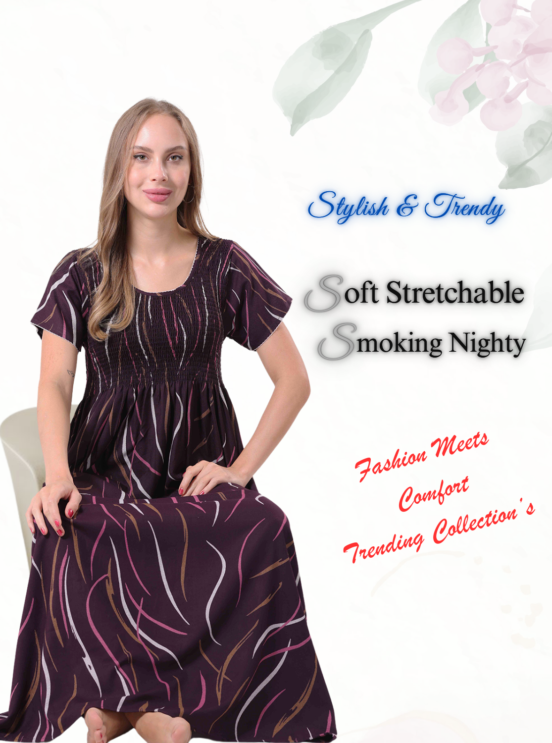 New Arrivals ALPINE Smokey Nighty | Beautiful Pleated Design | Side Pocket | Stylish Nighty for Trendy Women's | Your Perfect Nightwear Collection's (ALS)