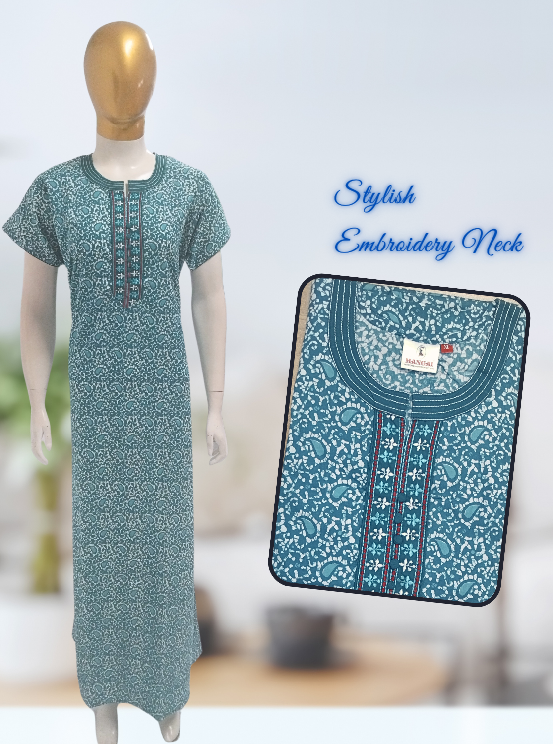 MANGAI New Collection Premium Cotton Embroidery Printed Nighties- All Over Printed Stylish Nightwear for Stylish Women | Trendy Embroidery Neck | Pleated Model (HMS)