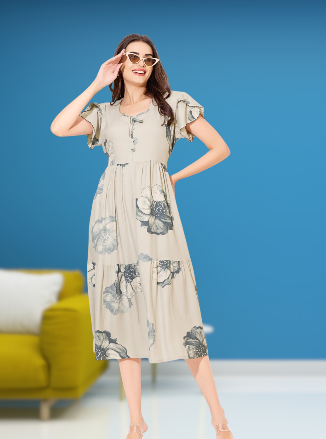 Rayon MAXI FROCK Model Nighties | Fancy Petal Sleeve | Fancy Neck & Side Pocket | Pleated Frock MAXI Style | Trendy Collection's for Stylish Women & Teenage Girl (FSF)