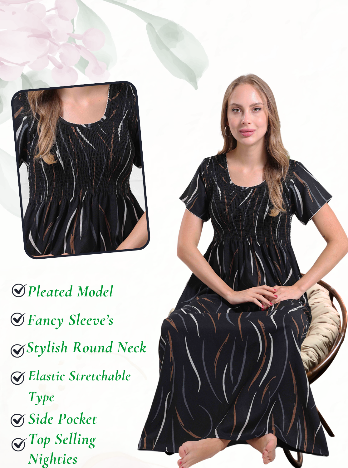 New Arrivals ALPINE Smokey Nighty | Beautiful Pleated Design | Side Pocket | Stylish Nighty for Trendy Women's | Your Perfect Nightwear Collection's (ALS)