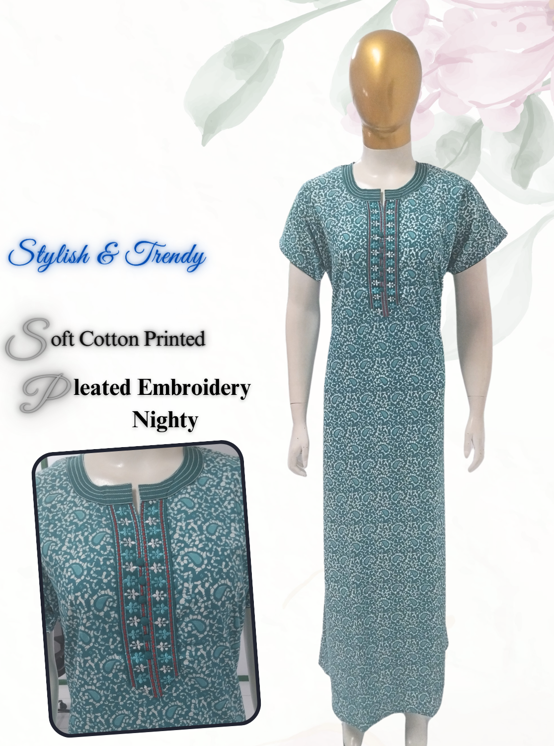 MANGAI New Collection Premium Cotton Embroidery Printed Nighties- All Over Printed Stylish Nightwear for Stylish Women | Trendy Embroidery Neck | Pleated Model (HMS)