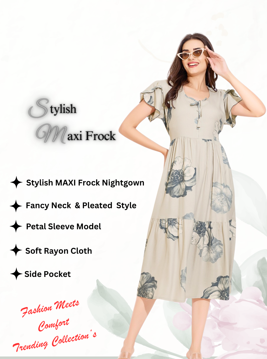Rayon MAXI FROCK Model Nighties | Fancy Petal Sleeve | Fancy Neck & Side Pocket | Pleated Frock MAXI Style | Trendy Collection's for Stylish Women & Teenage Girl (FSF)