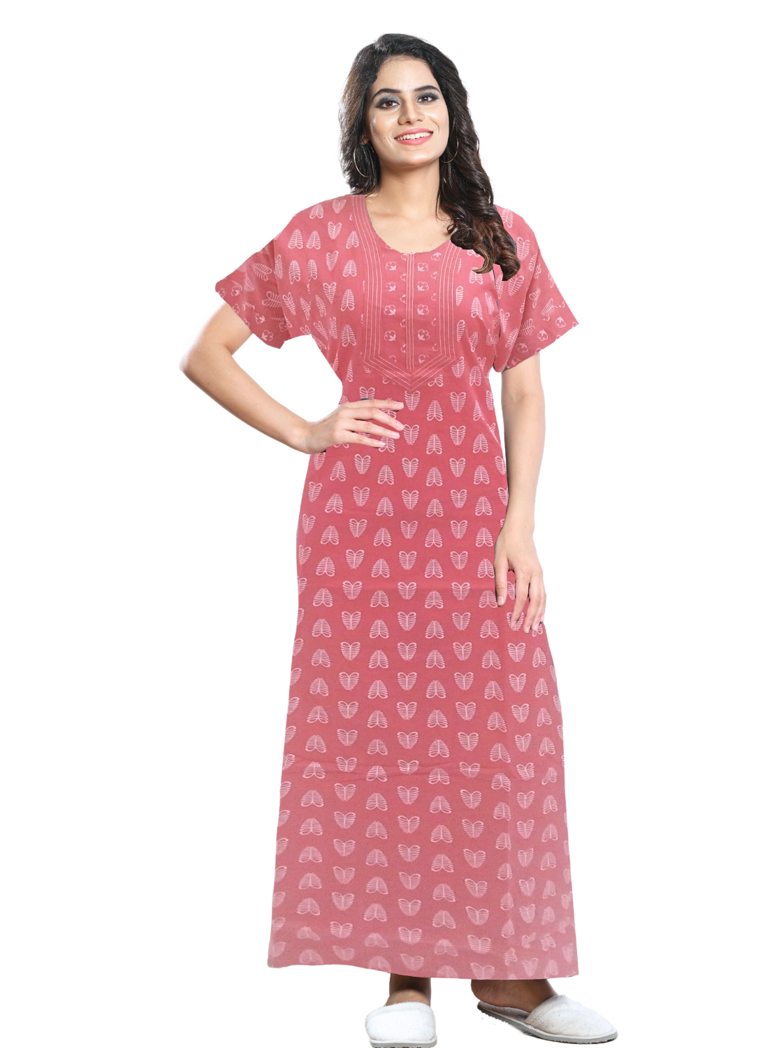 MANGAI New Collection Premium Cotton Embroidery Printed Nighties- All Over Printed Stylish Nightwear for Stylish Women | Trendy Embroidery Neck | Pleated Model (HMS)