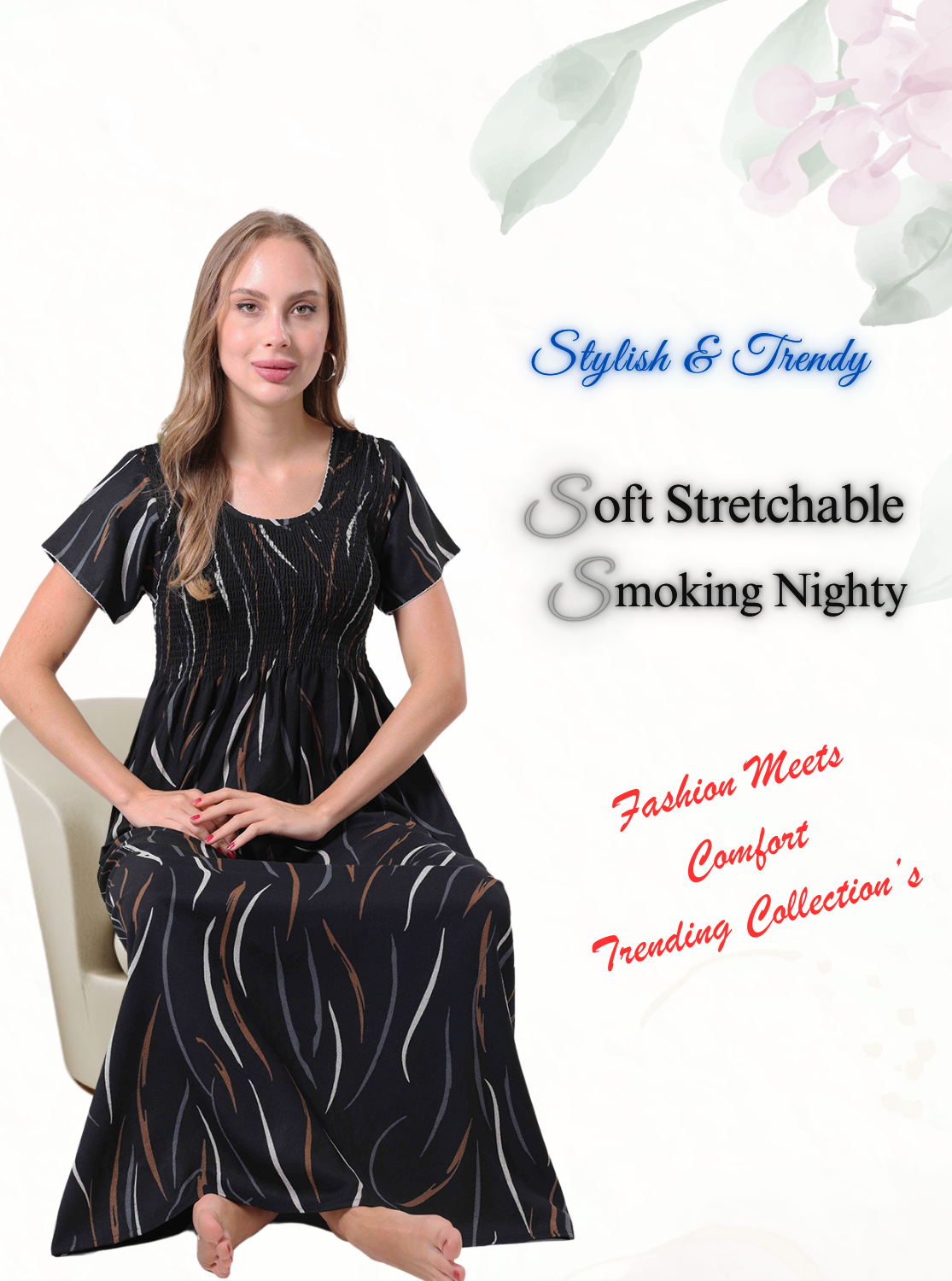 New Arrivals ALPINE Smokey Nighty | Beautiful Pleated Design | Side Pocket | Stylish Nighty for Trendy Women's | Your Perfect Nightwear Collection's (ALS)