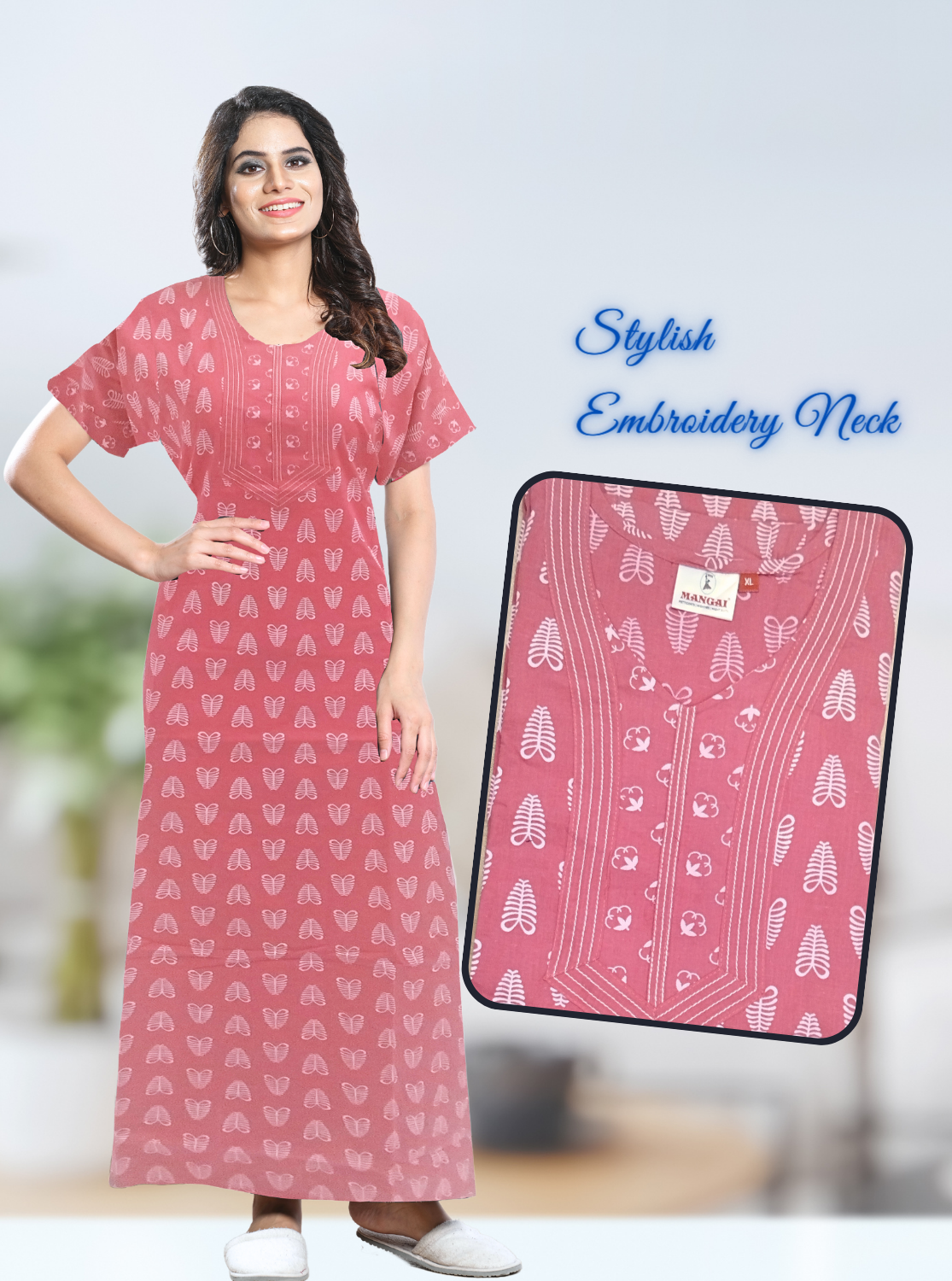 MANGAI New Collection Premium Cotton Embroidery Printed Nighties- All Over Printed Stylish Nightwear for Stylish Women | Trendy Embroidery Neck | Pleated Model (HMS)