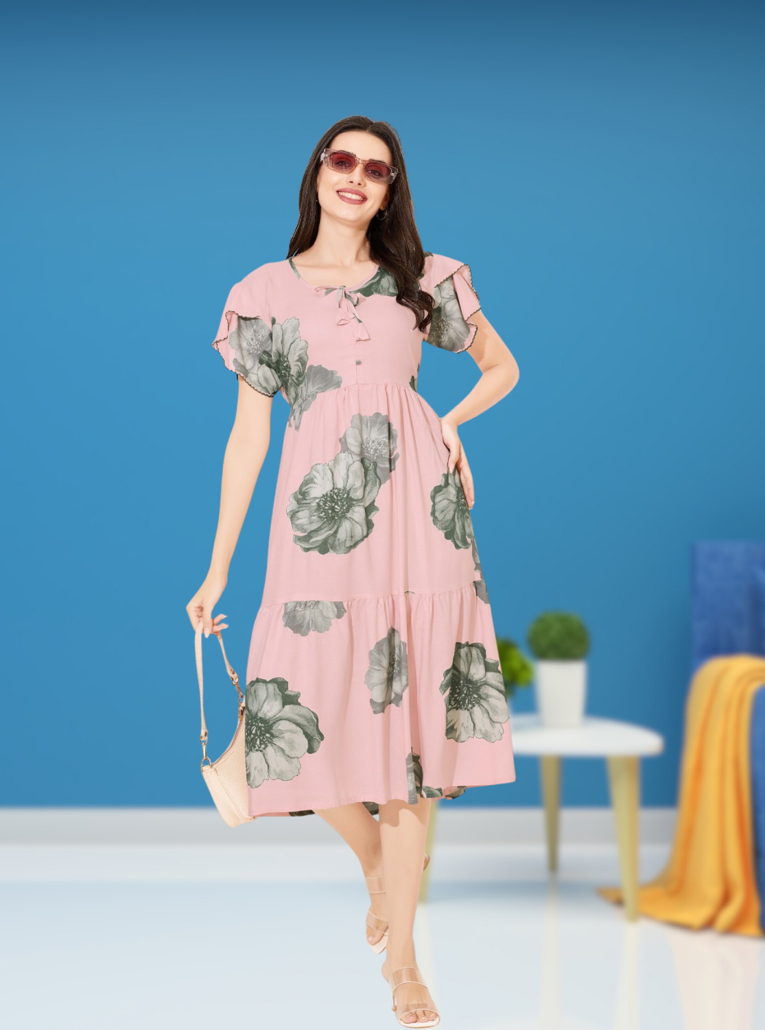 Rayon MAXI FROCK Model Nighties | Fancy Petal Sleeve | Fancy Neck & Side Pocket | Pleated Frock MAXI Style | Trendy Collection's for Stylish Women & Teenage Girl (FSF)