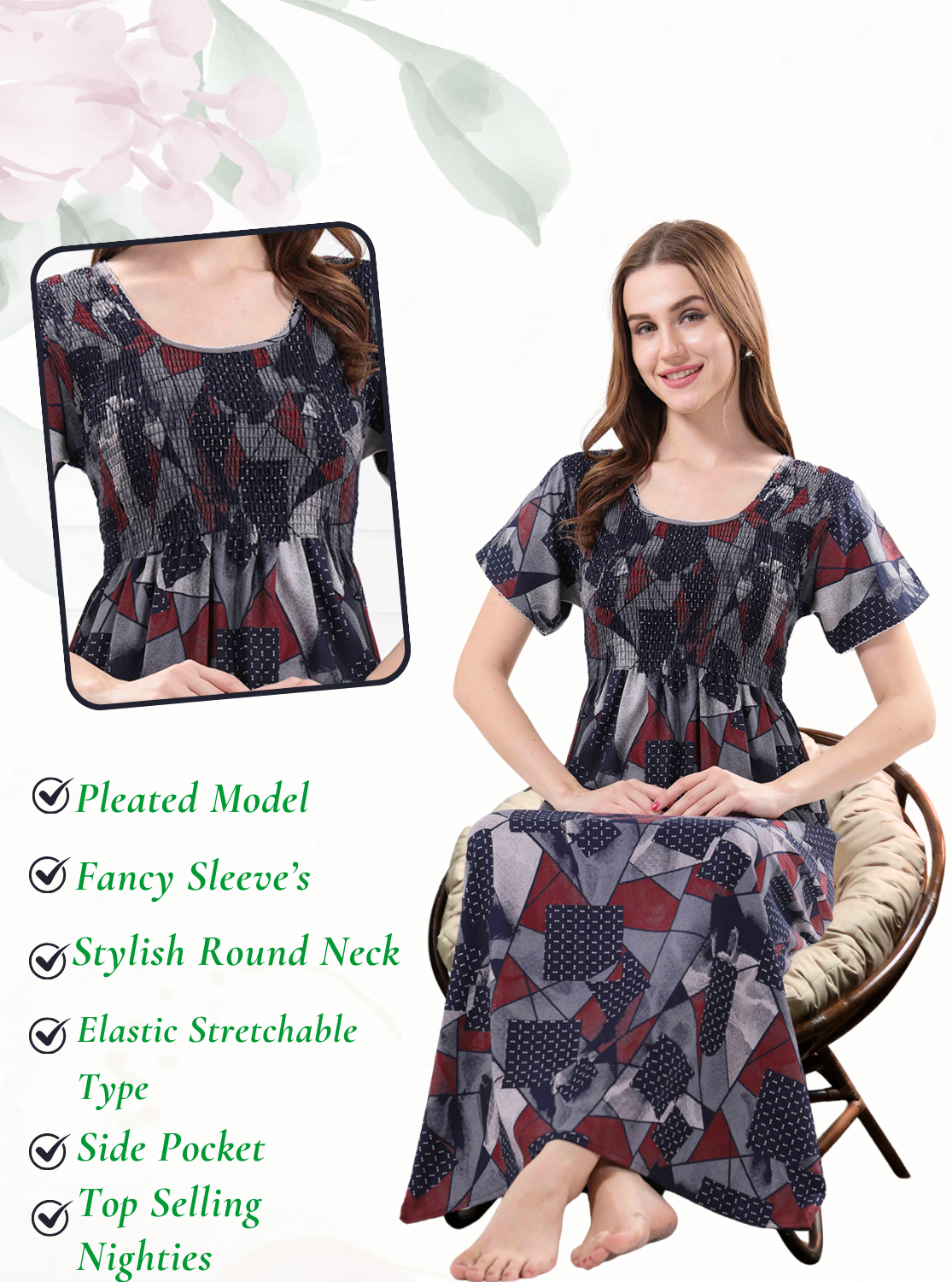 New Arrivals ALPINE Smokey Nighty | Beautiful Pleated Design | Side Pocket | Stylish Nighty for Trendy Women's | Your Perfect Nightwear Collection's (ALS)