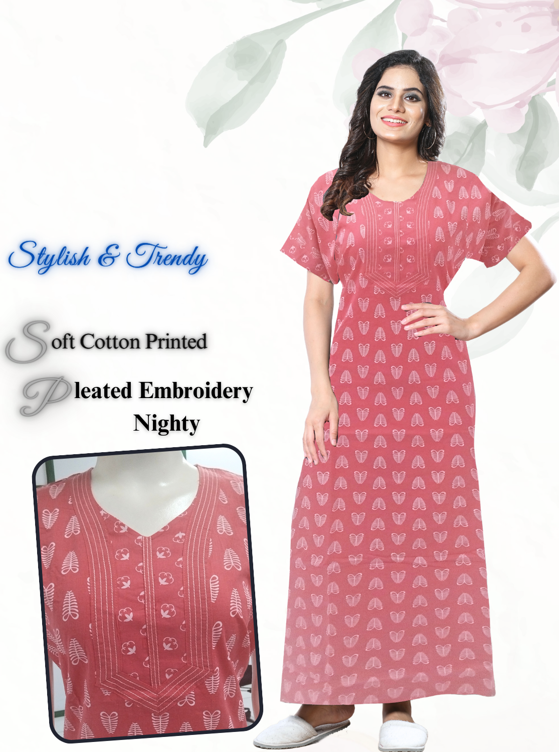 MANGAI New Collection Premium Cotton Embroidery Printed Nighties- All Over Printed Stylish Nightwear for Stylish Women | Trendy Embroidery Neck | Pleated Model (HMS)