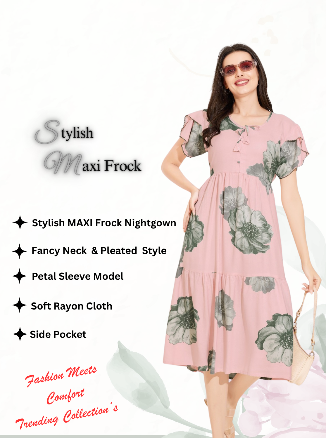 Rayon MAXI FROCK Model Nighties | Fancy Petal Sleeve | Fancy Neck & Side Pocket | Pleated Frock MAXI Style | Trendy Collection's for Stylish Women & Teenage Girl (FSF)