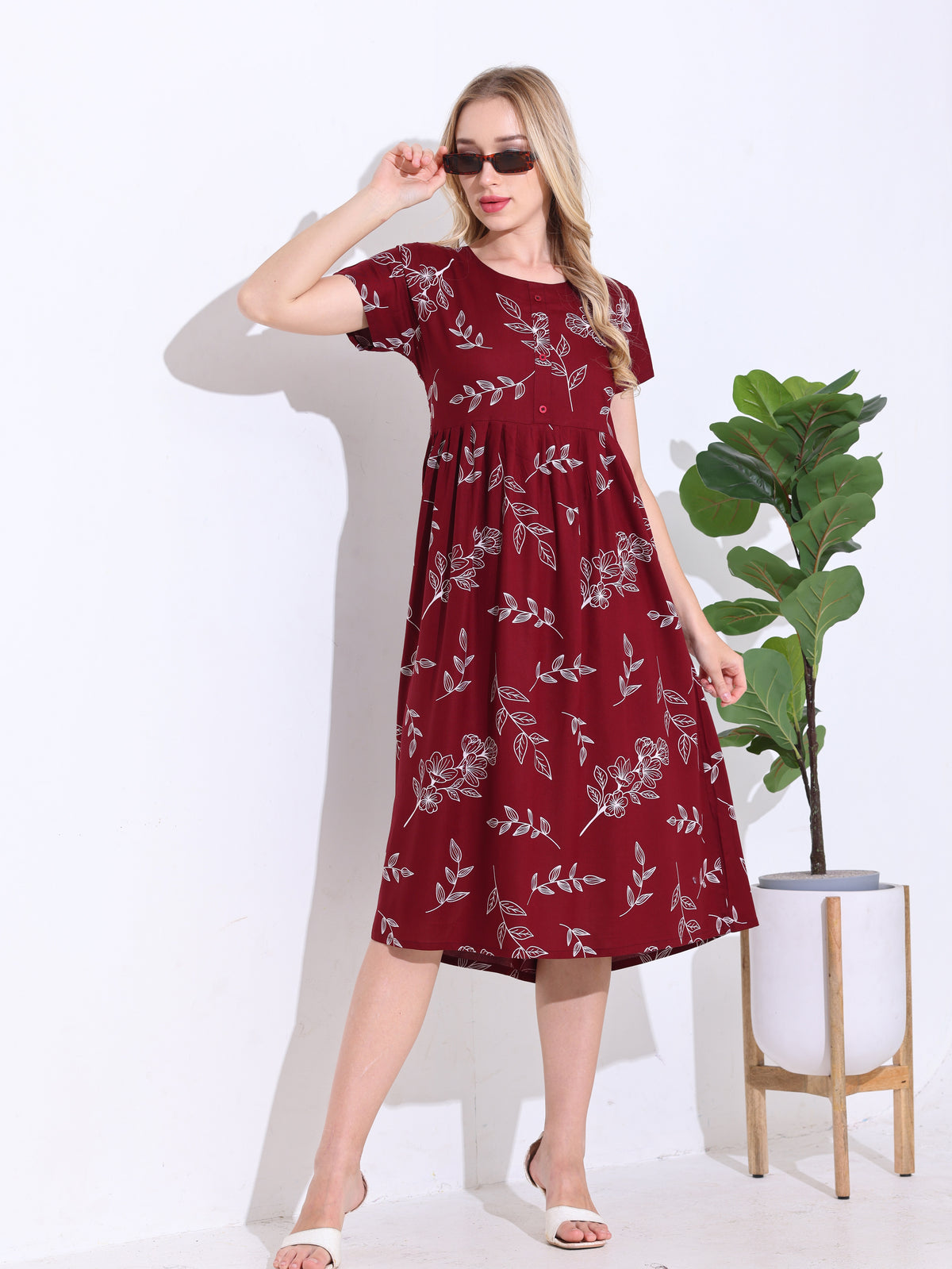 Rayon MAXI FROCK Model Nighties | Regular Sleeve's | Round Neck & Side Pocket | Pleated Frock MAXI Style | Trendy Collection's for Stylish Women's & Teenage Girl's (FRK-H)