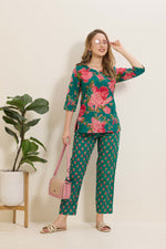 MANGAI Premium Cotton Printed Night Suits | Stylish Print's All Over | Top & Bottom Set | 3/4 Sleeve | Trendy Night Suits for Stylish Women's (TPS-3/4)