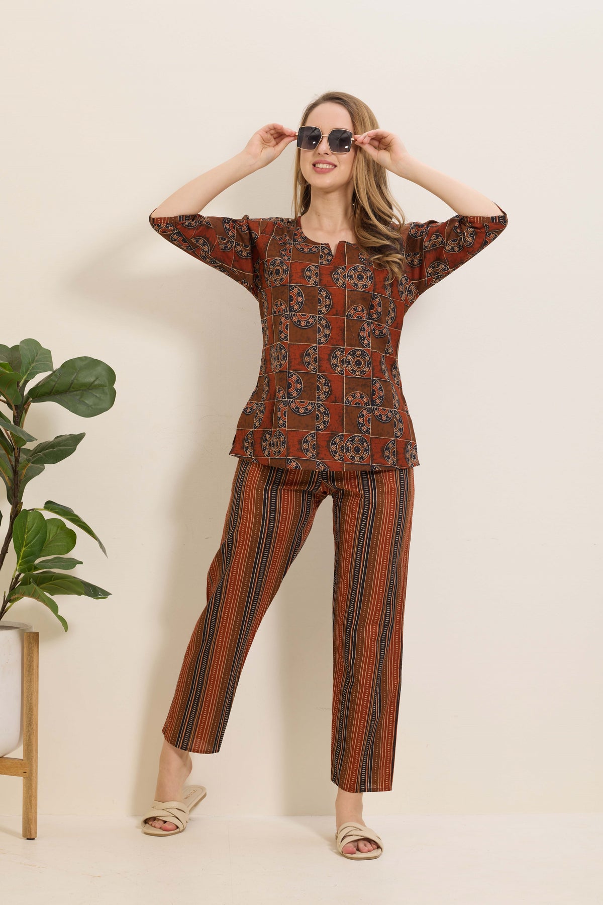 MANGAI Premium Cotton Printed Night Suits | Stylish Print's All Over | Top & Bottom Set | 3/4 Sleeve | Trendy Night Suits for Stylish Women's (TPS-3/4)