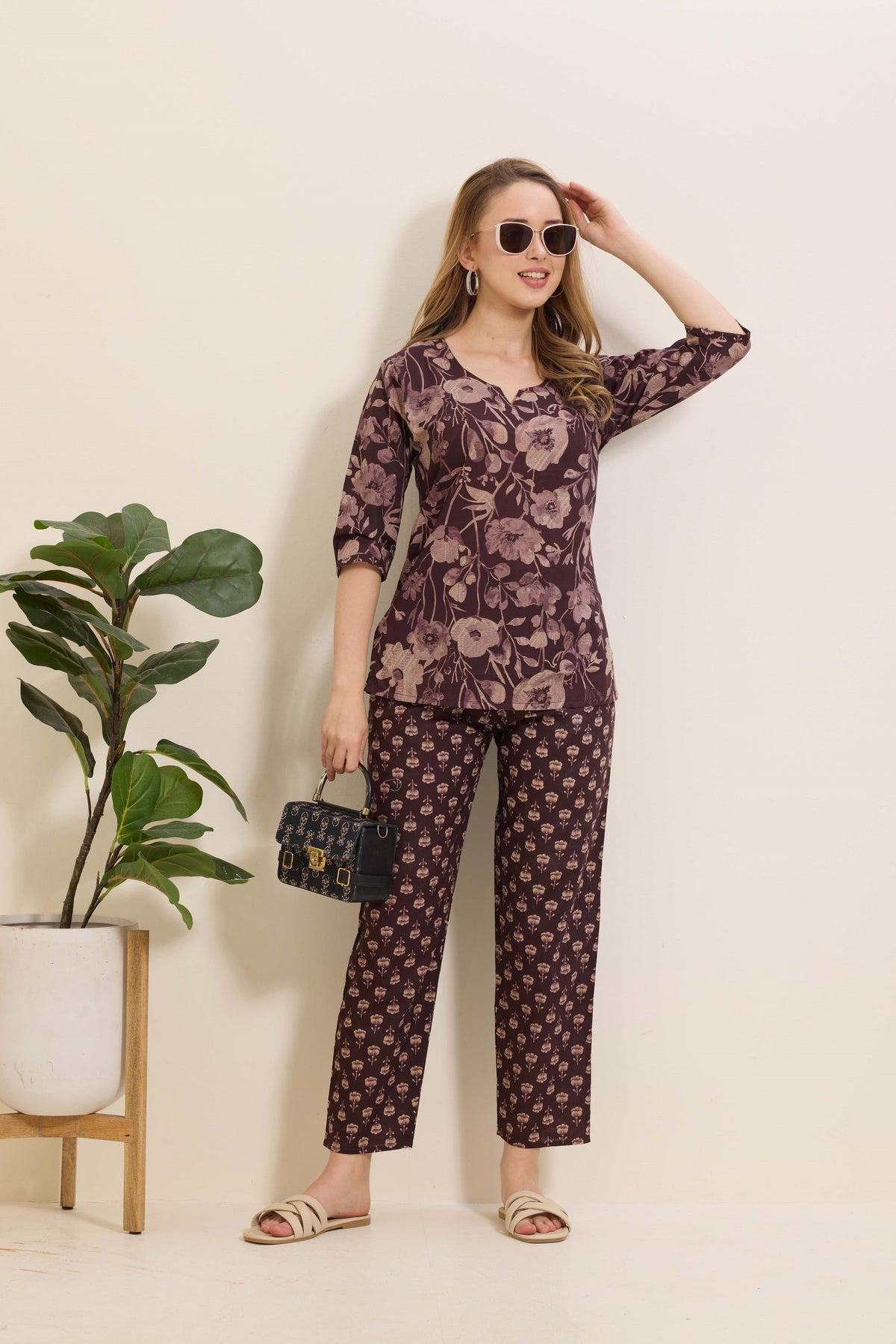 MANGAI Premium Cotton Printed Night Suits | Stylish Print's All Over | Top & Bottom Set | 3/4 Sleeve | Trendy Night Suits for Stylish Women's (TPS-3/4)