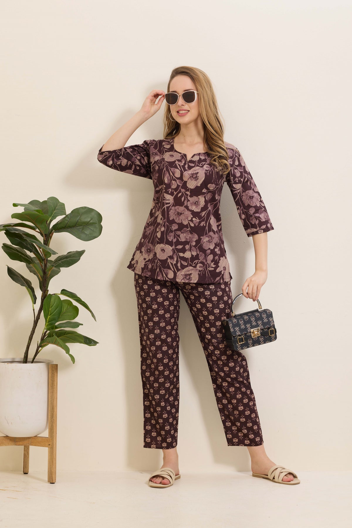 MANGAI Premium Cotton Printed Night Suits | Stylish Print's All Over | Top & Bottom Set | 3/4 Sleeve | Trendy Night Suits for Stylish Women's (TPS-3/4)