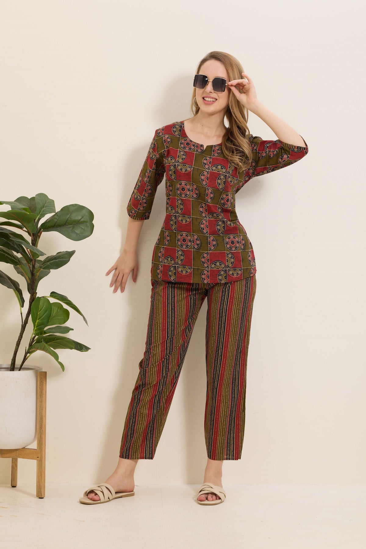 MANGAI Premium Cotton Printed Night Suits | Stylish Print's All Over | Top & Bottom Set | 3/4 Sleeve | Trendy Night Suits for Stylish Women's (TPS-3/4)