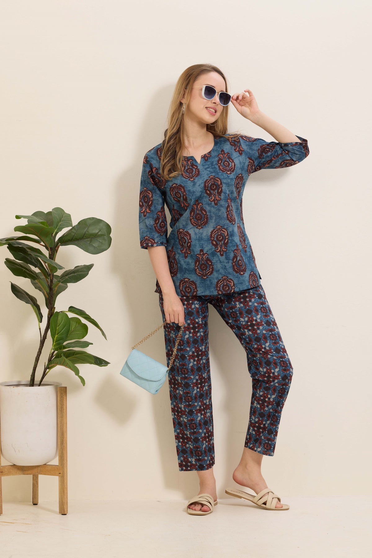 MANGAI Premium Cotton Printed Night Suits | Stylish Print's All Over | Top & Bottom Set | 3/4 Sleeve | Trendy Night Suits for Stylish Women's (TPS-3/4)