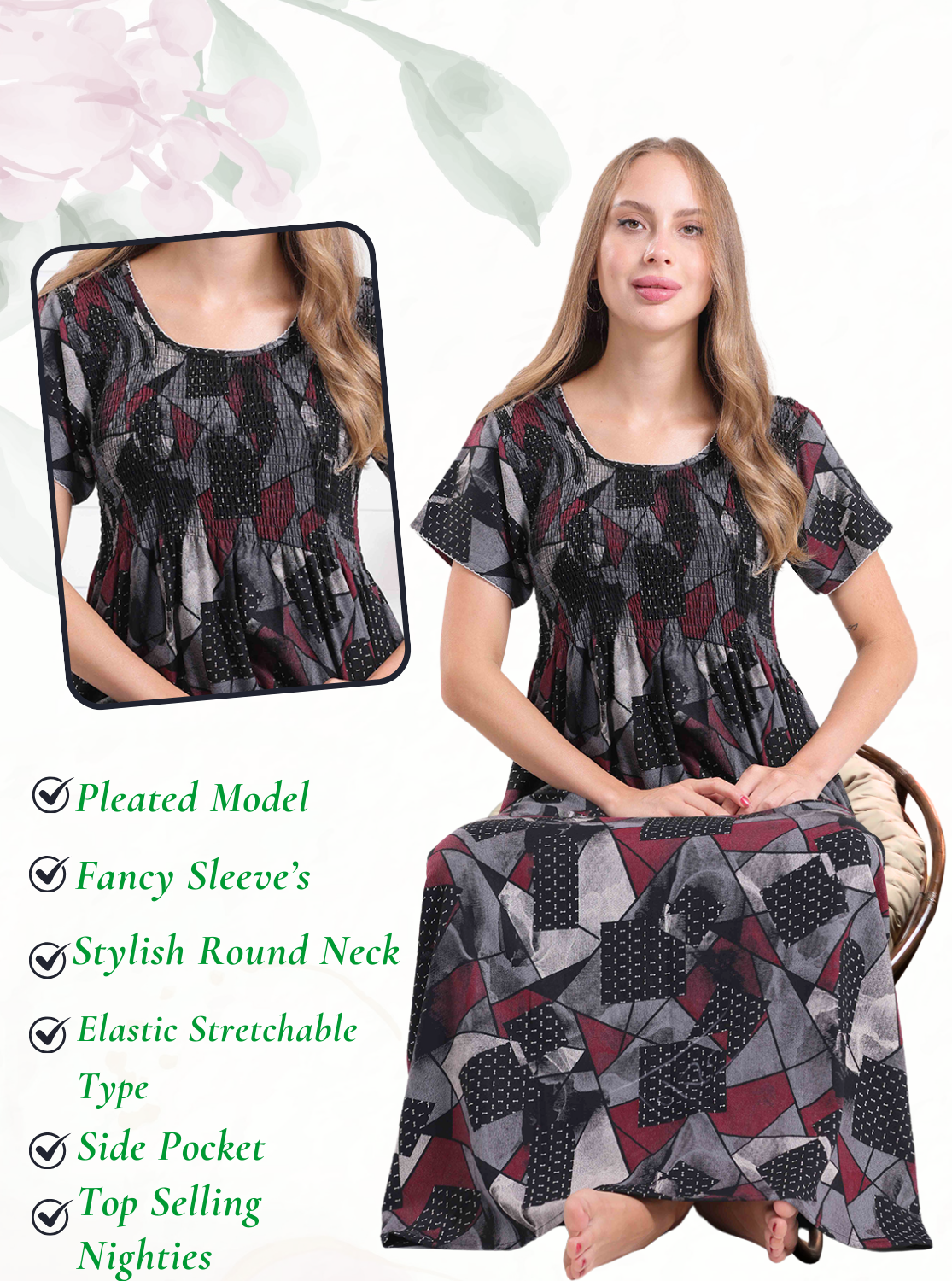 New Arrivals ALPINE Smokey Nighty | Beautiful Pleated Design | Side Pocket | Stylish Nighty for Trendy Women's | Your Perfect Nightwear Collection's (ALS)