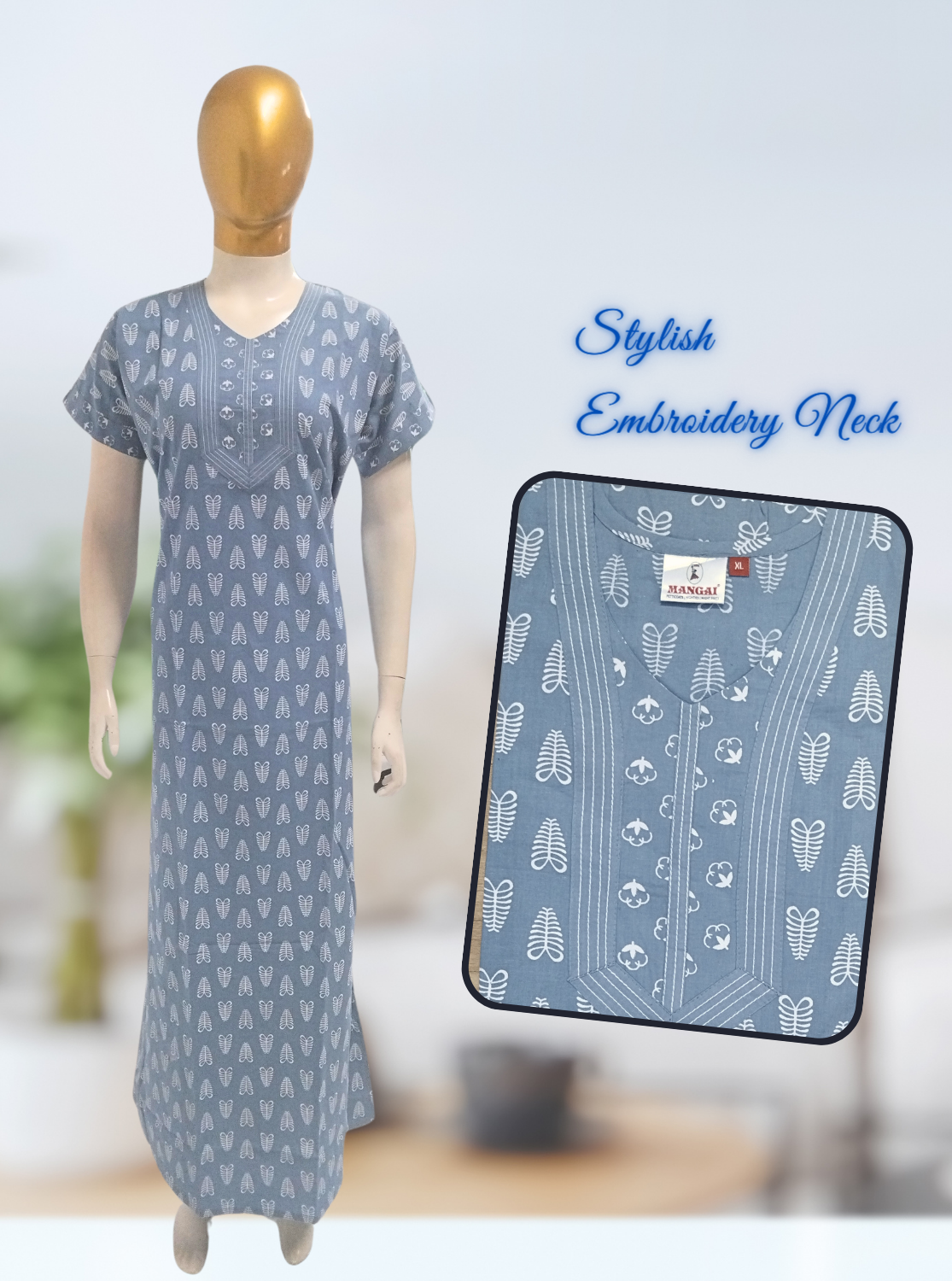 MANGAI New Collection Premium Cotton Embroidery Printed Nighties- All Over Printed Stylish Nightwear for Stylish Women | Trendy Embroidery Neck | Pleated Model (HMS)