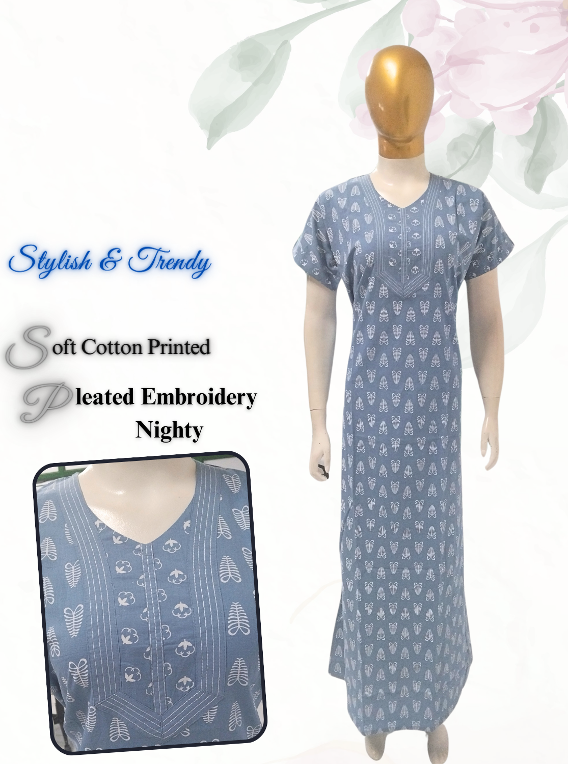 MANGAI New Collection Premium Cotton Embroidery Printed Nighties- All Over Printed Stylish Nightwear for Stylish Women | Trendy Embroidery Neck | Pleated Model (HMS)