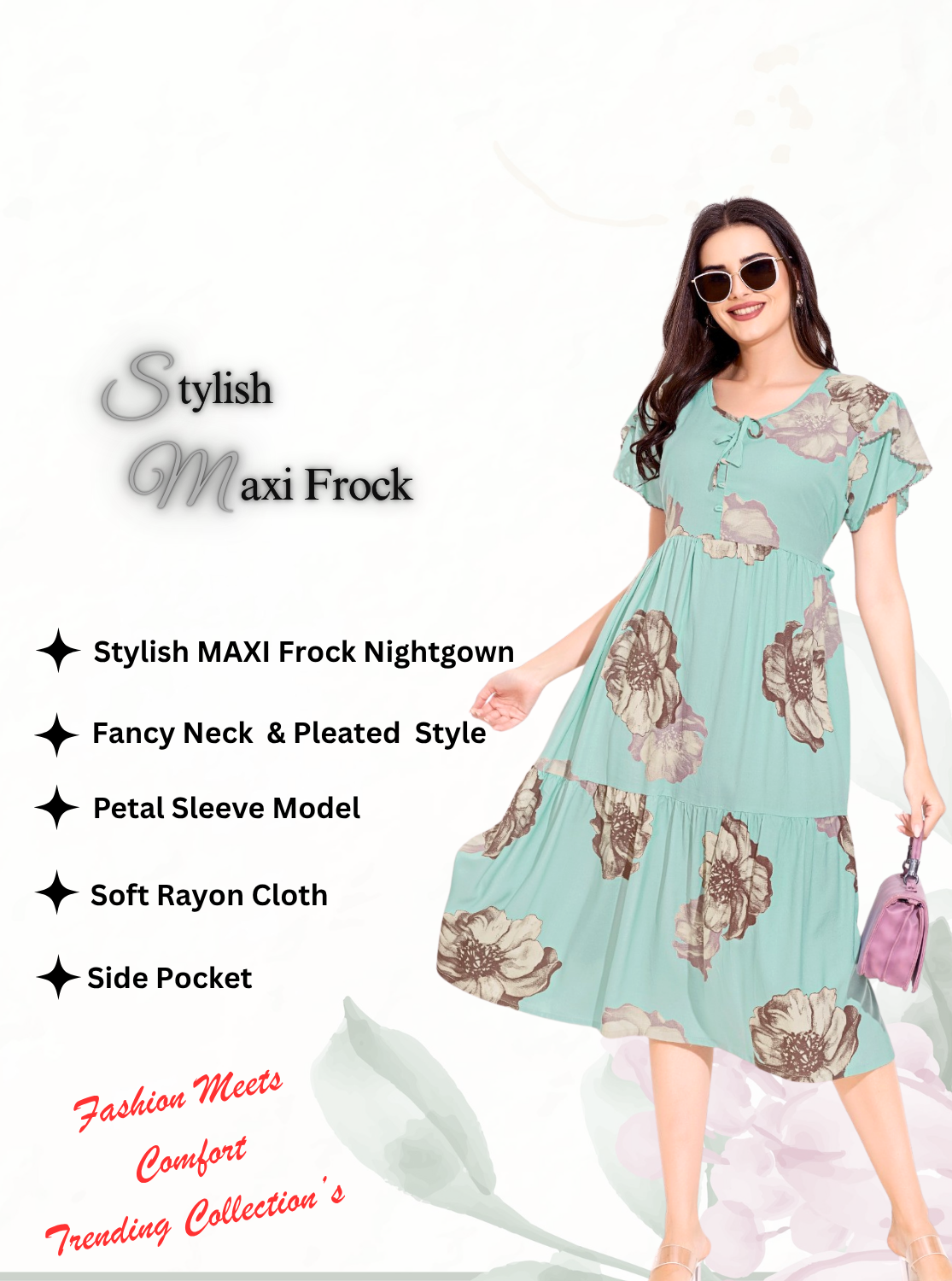 Rayon MAXI FROCK Model Nighties | Fancy Petal Sleeve | Fancy Neck & Side Pocket | Pleated Frock MAXI Style | Trendy Collection's for Stylish Women & Teenage Girl (FSF)