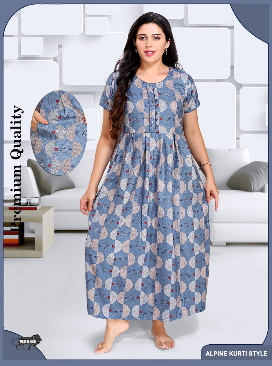 Alpine KURTI Style Nighties| Beautiful Stylish KURTI Model | Half Sleeve | Without Zipper | Stylish Thread Tied Front Closed Type | Fresh Collection's for Stylish Women's MKA (H/S)