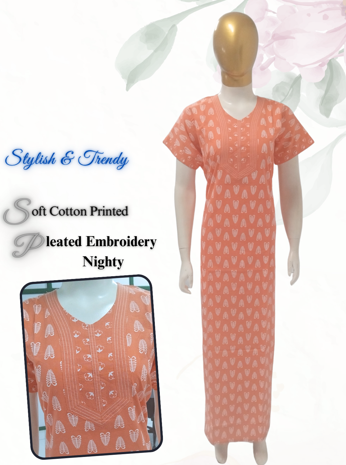 MANGAI New Collection Premium Cotton Embroidery Printed Nighties- All Over Printed Stylish Nightwear for Stylish Women | Trendy Embroidery Neck | Pleated Model (HMS)