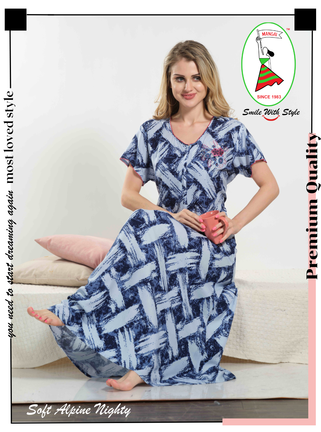 MANGAI New Alpine Embroidery Model Nighties | Full Length | Stylish Printed Model Nighties | Side Pocket | Half Sleeve | Perfect Nightwear Collection's for Trendy Women's