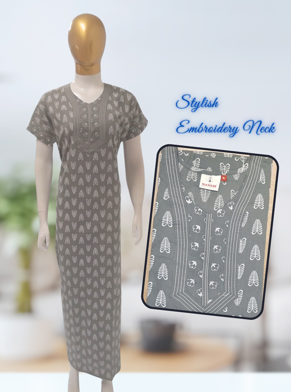 MANGAI New Collection Premium Cotton Embroidery Printed Nighties- All Over Printed Stylish Nightwear for Stylish Women | Trendy Embroidery Neck | Pleated Model (HMS)