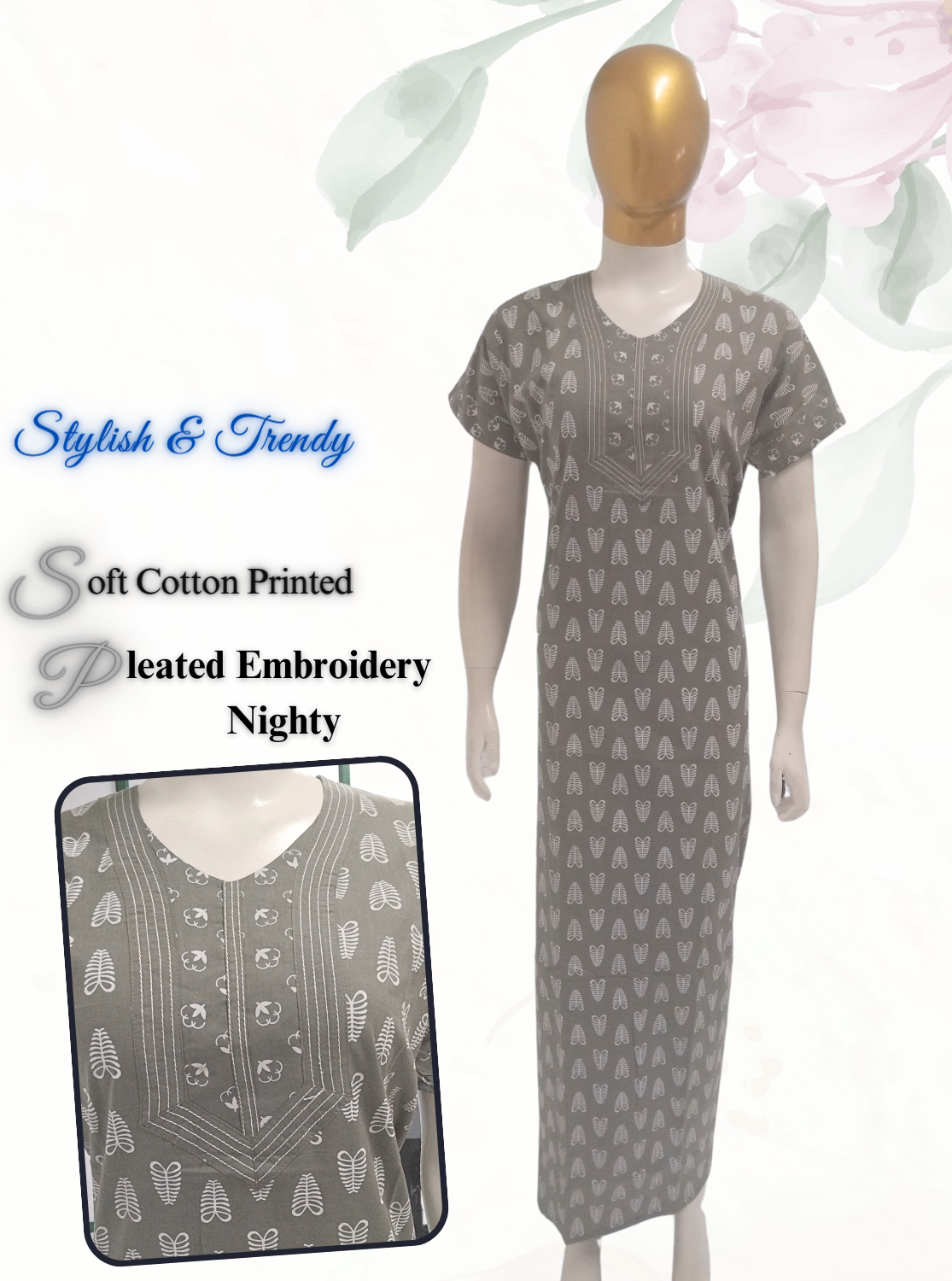 MANGAI New Collection Premium Cotton Embroidery Printed Nighties- All Over Printed Stylish Nightwear for Stylish Women | Trendy Embroidery Neck | Pleated Model (HMS)