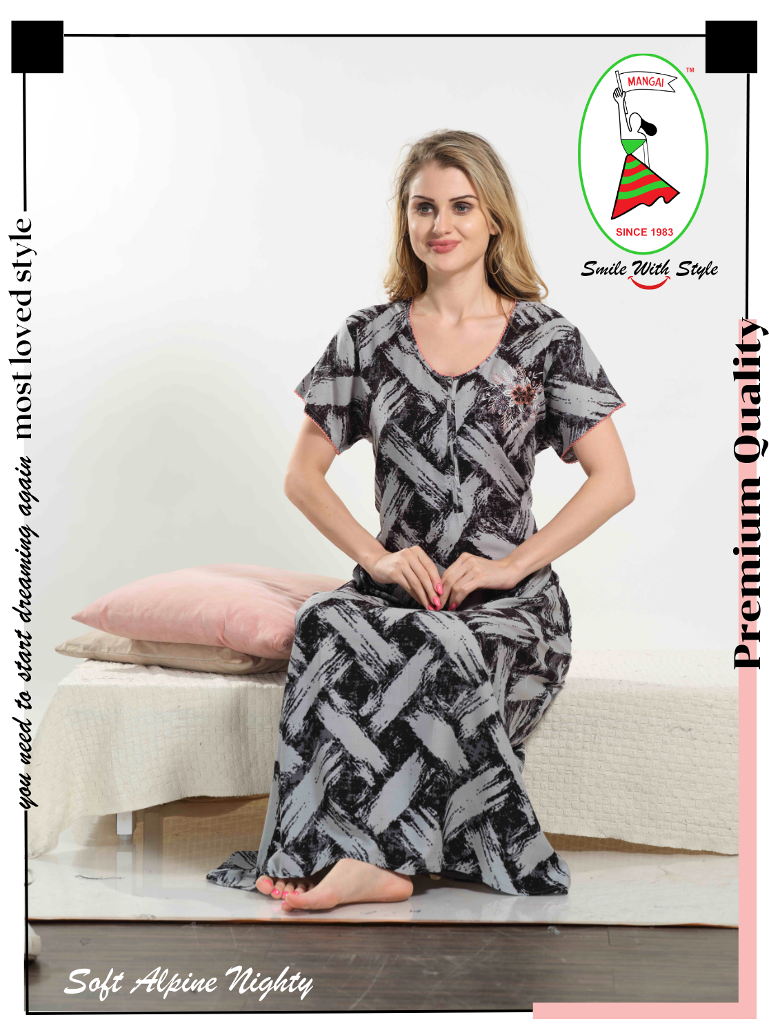 MANGAI New Alpine Embroidery Model Nighties | Full Length | Stylish Printed Model Nighties | Side Pocket | Half Sleeve | Perfect Nightwear Collection's for Trendy Women's