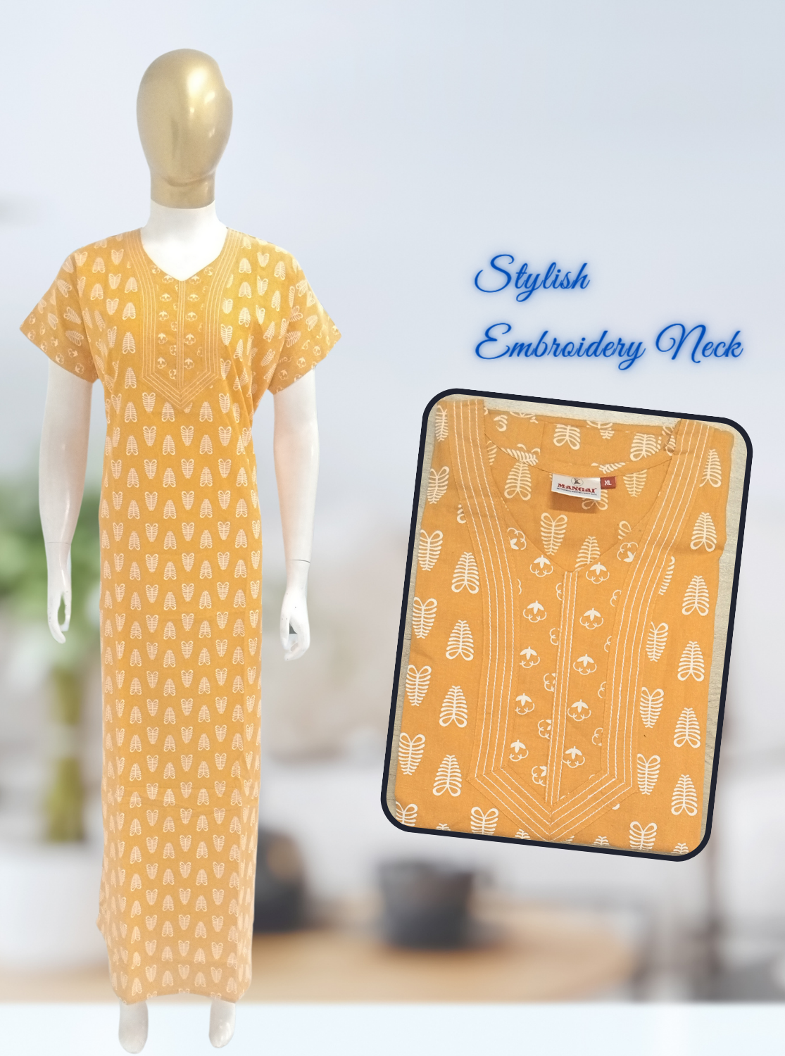 MANGAI New Collection Premium Cotton Embroidery Printed Nighties- All Over Printed Stylish Nightwear for Stylish Women | Trendy Embroidery Neck | Pleated Model (HMS)