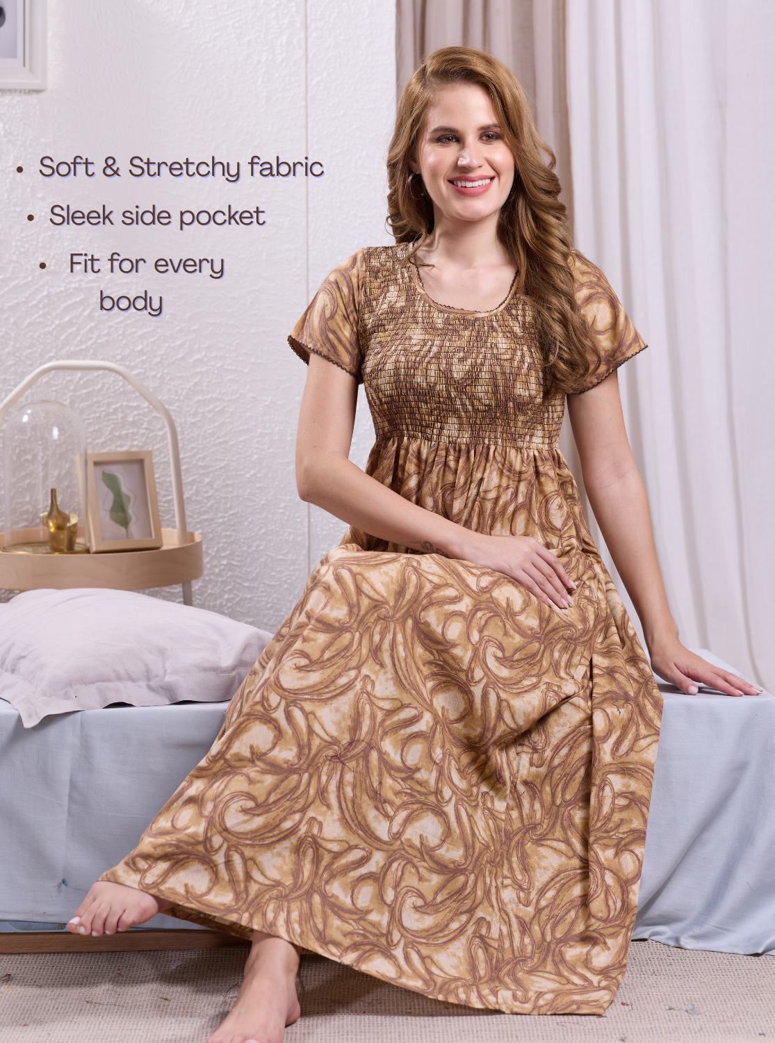 New Smocking Nighty | Stretchable Elastic Type | Beautiful Pleated Model | Side Pocket | Stylish Nighty for Stylish Women's (OM-RAH)