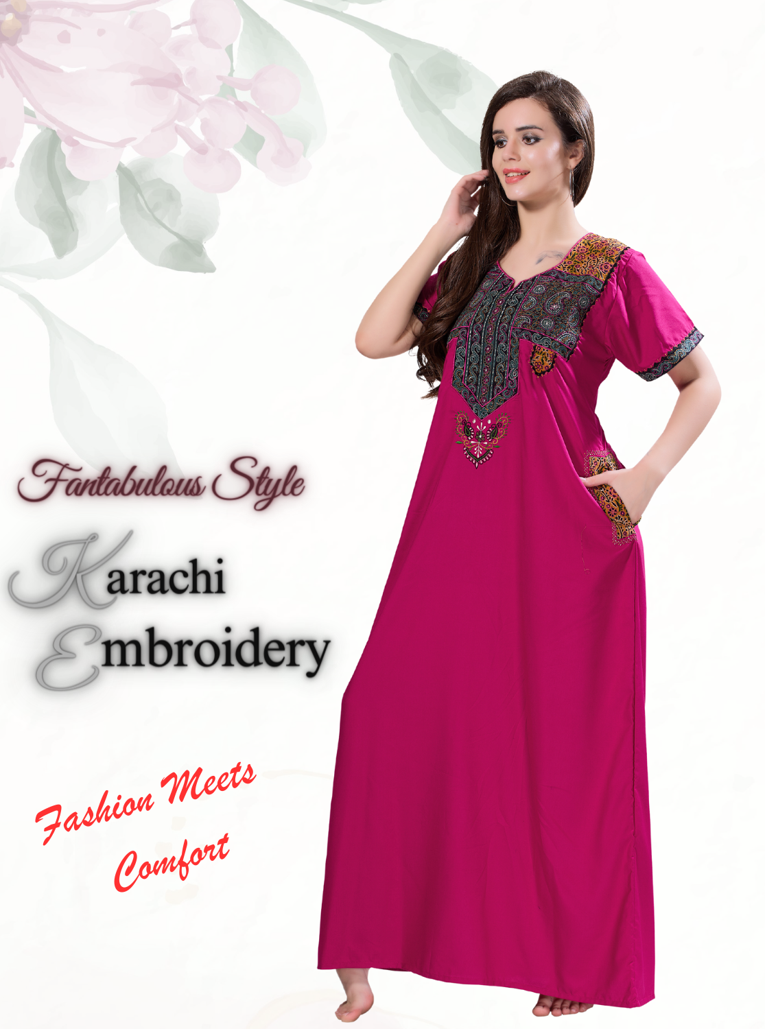 MANGAI Premium KARACHI Embroidery Nighties | Beautiful Embroidery Design's | Branded Quality | Half Sleeve | Regular Model | Stylish Nightdress for Women