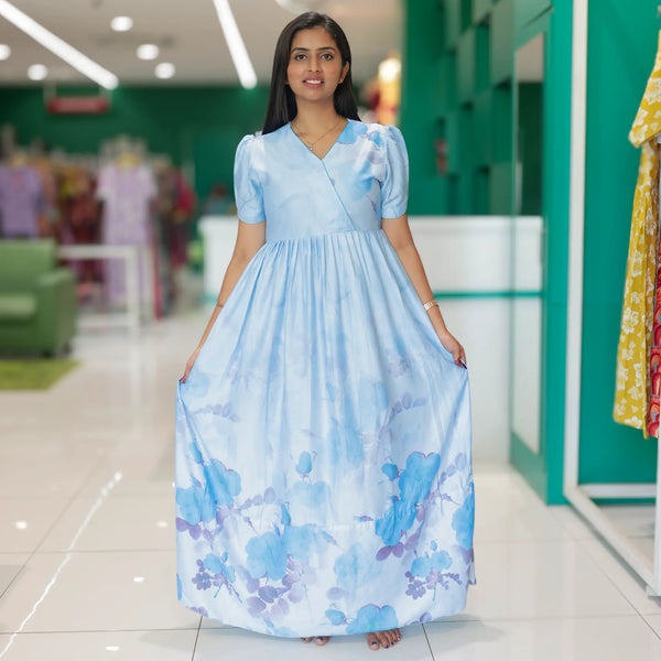 Sky blue rayon frock with V-neck flared frock for women - Mangai Nighties 