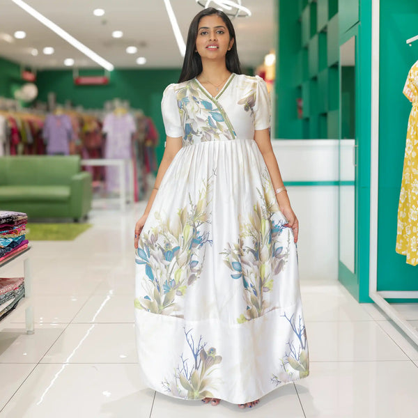 Cream Floral Rayon Frock with Puff Sleeves and Pocket - Mangai Nighties 