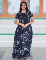 Navy Abstract Loop Print Rayon Front Zipper Feeding Full Frock with Layer Sleeve - Mangai Nighties