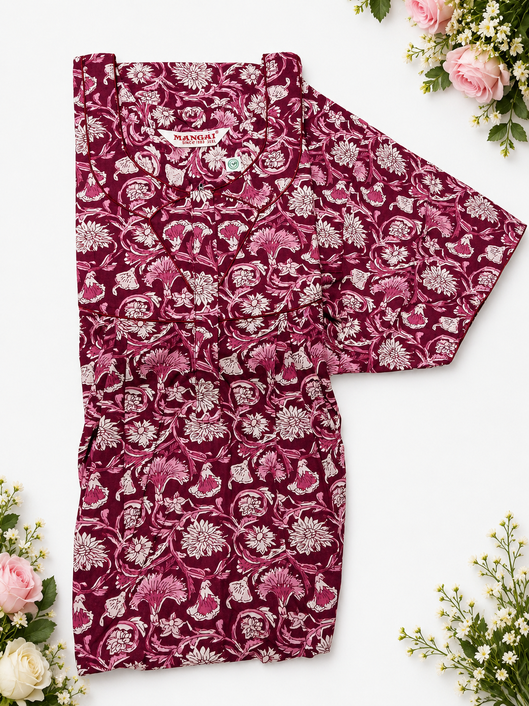 MANGAI Premium Cotton Printed Pleated Model Half Sleeve 3XL Size Nighties With Fancy Neck | With Side Pocket (3PZ)