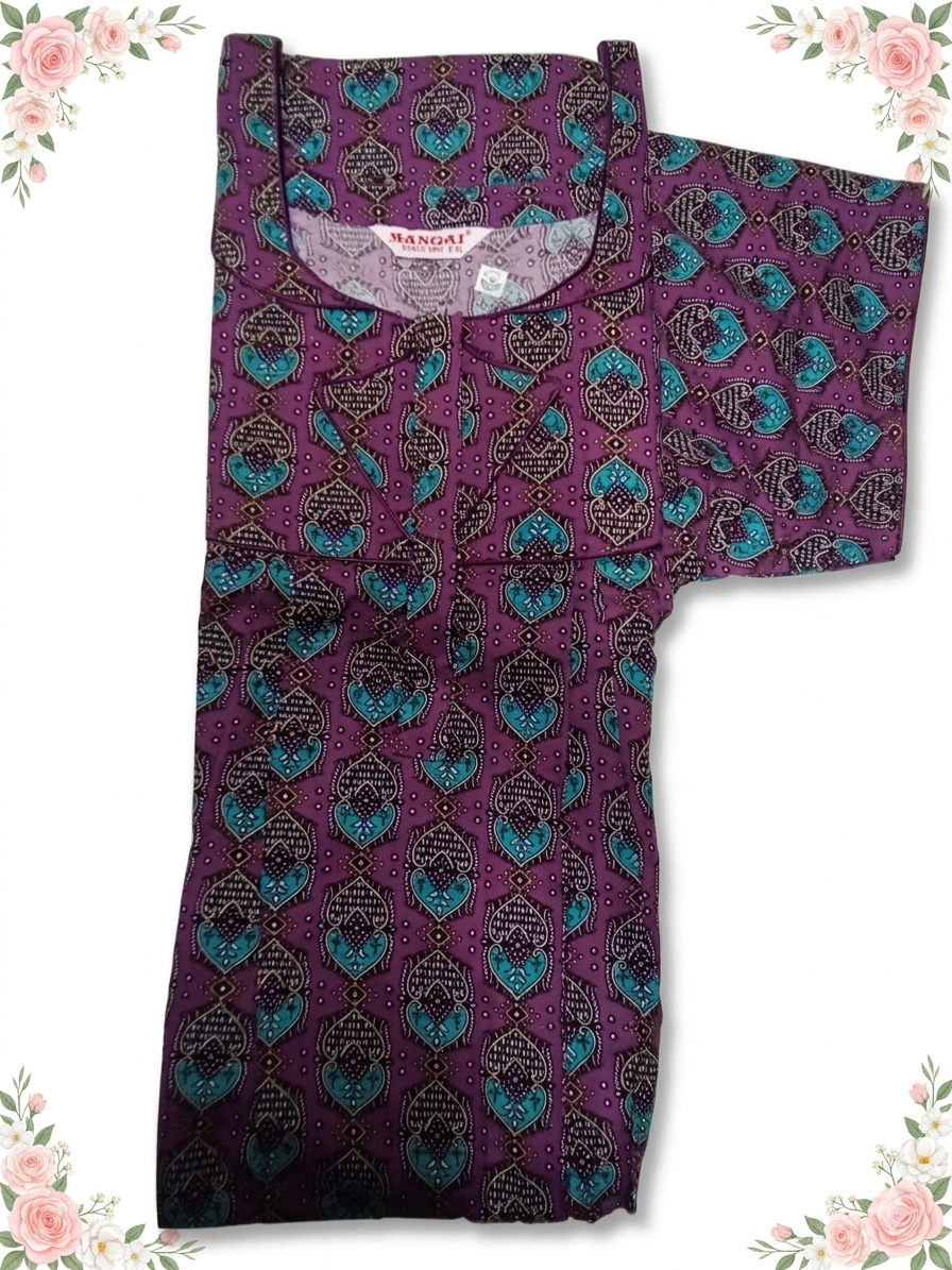 MANGAI Cotton Printed Pleated Model Half Sleeve 5XL Size Nighties - Fancy Neck | With Side Pocket | Shrinkage Free Nighties (5PZ)