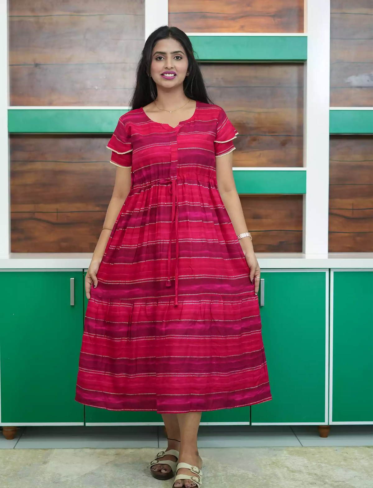 Rayon Stripe Print Gathering Maxi with Front Tie - Mangai Nighties