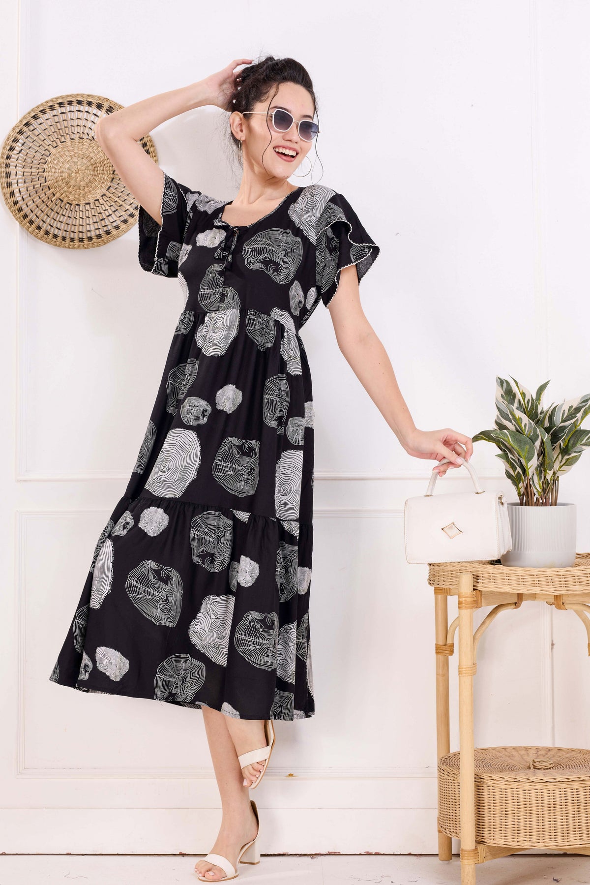 Rayon MAXI FROCK Model Nighties | Fancy Petal Sleeve | Fancy Neck & Side Pocket | Pleated Frock MAXI Style | Trendy Collection's for Stylish Women & Teenage Girl (FSF)