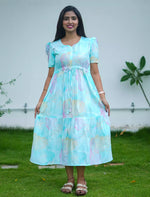 Rayon Abstract Print Foil Gathering Maxi with Puff Sleeve - Mangai Nighties
