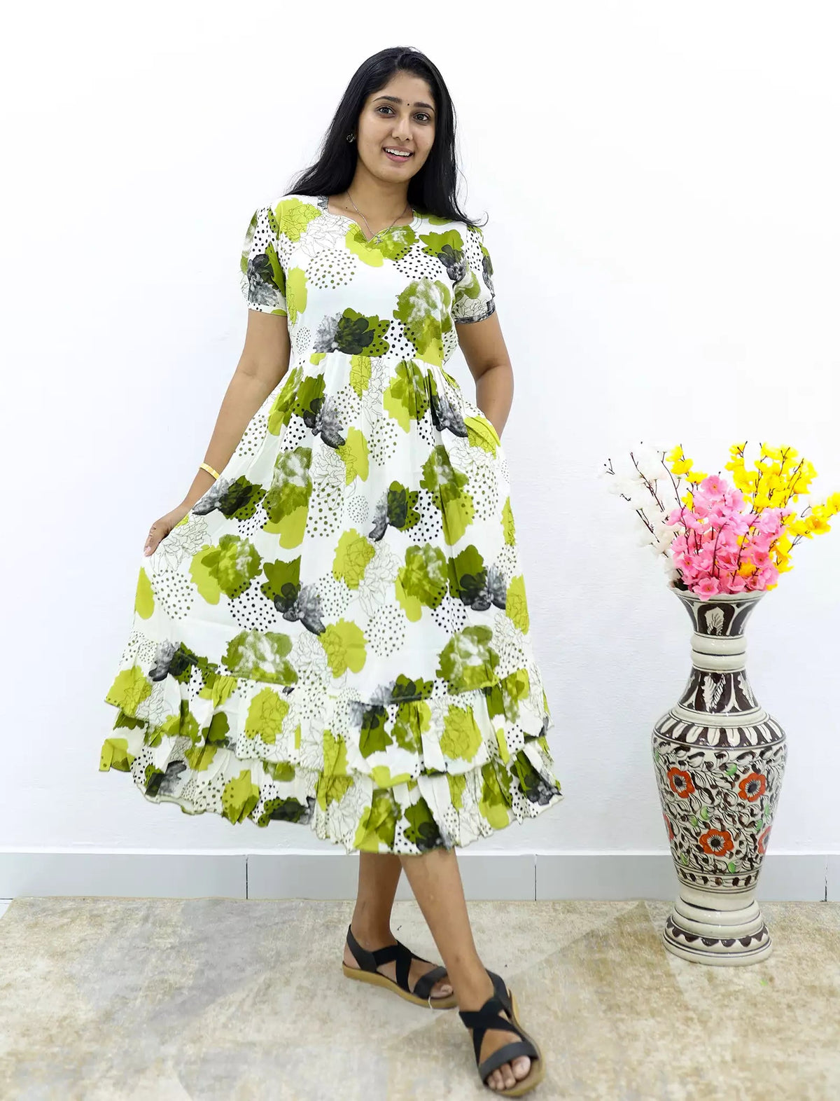 MANGAI Elegant Rayon MAXI Frock | Designer Neck | Half Sleeve | Flared Frill Bottom | Soft & Comfortable Daily Wear (RGM)