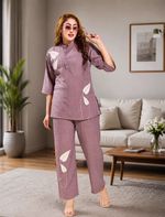 Mauve Linen Cotton Printed Night Suit Top & Bottom Set | Mangai Nighties