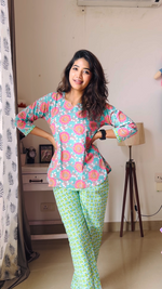 MANGAI Premium Cotton Printed Cambric Night Suits | Stylish Print's All Over | Top & Bottom Set | 3/4 Sleeve | Trendy Night Suits for Stylish Women's (CMNS)