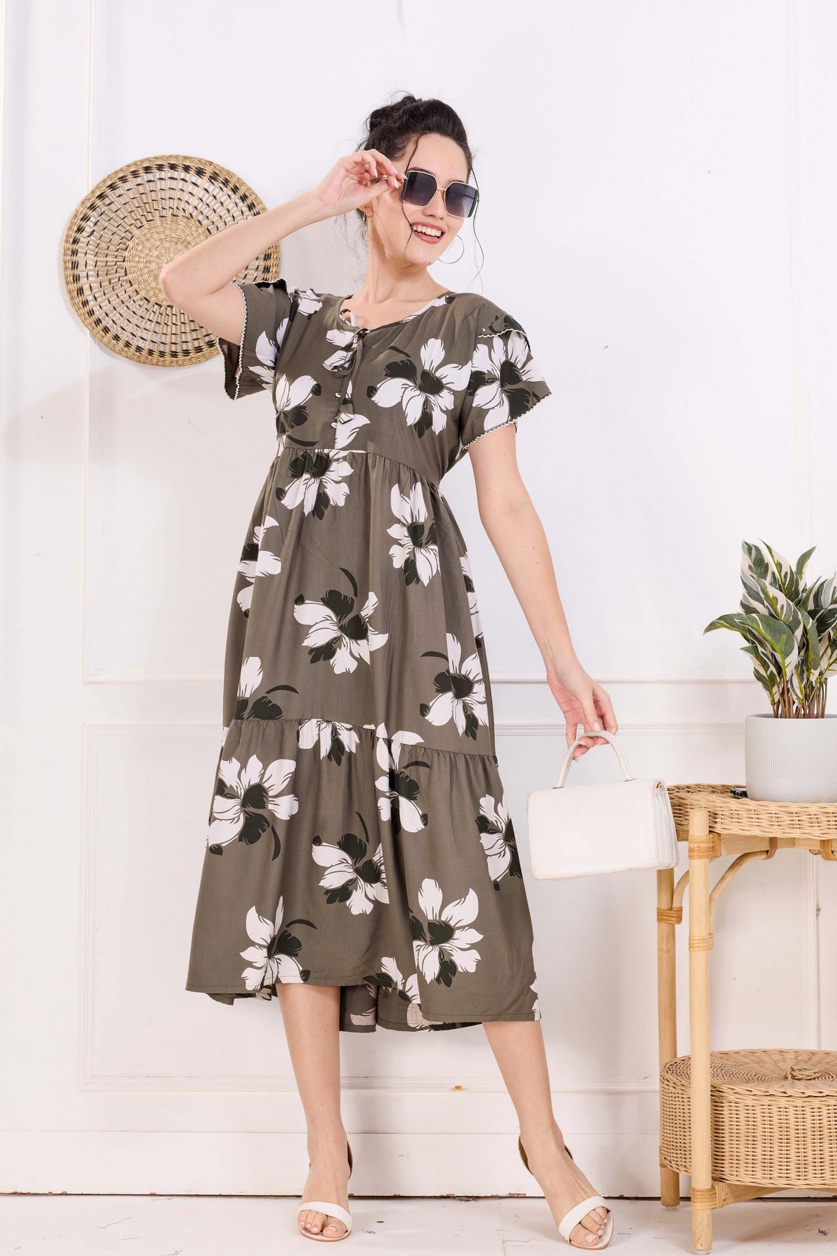Rayon MAXI FROCK Model Nighties | Fancy Petal Sleeve | Fancy Neck & Side Pocket | Pleated Frock MAXI Style | Trendy Collection's for Stylish Women & Teenage Girl (FSF)